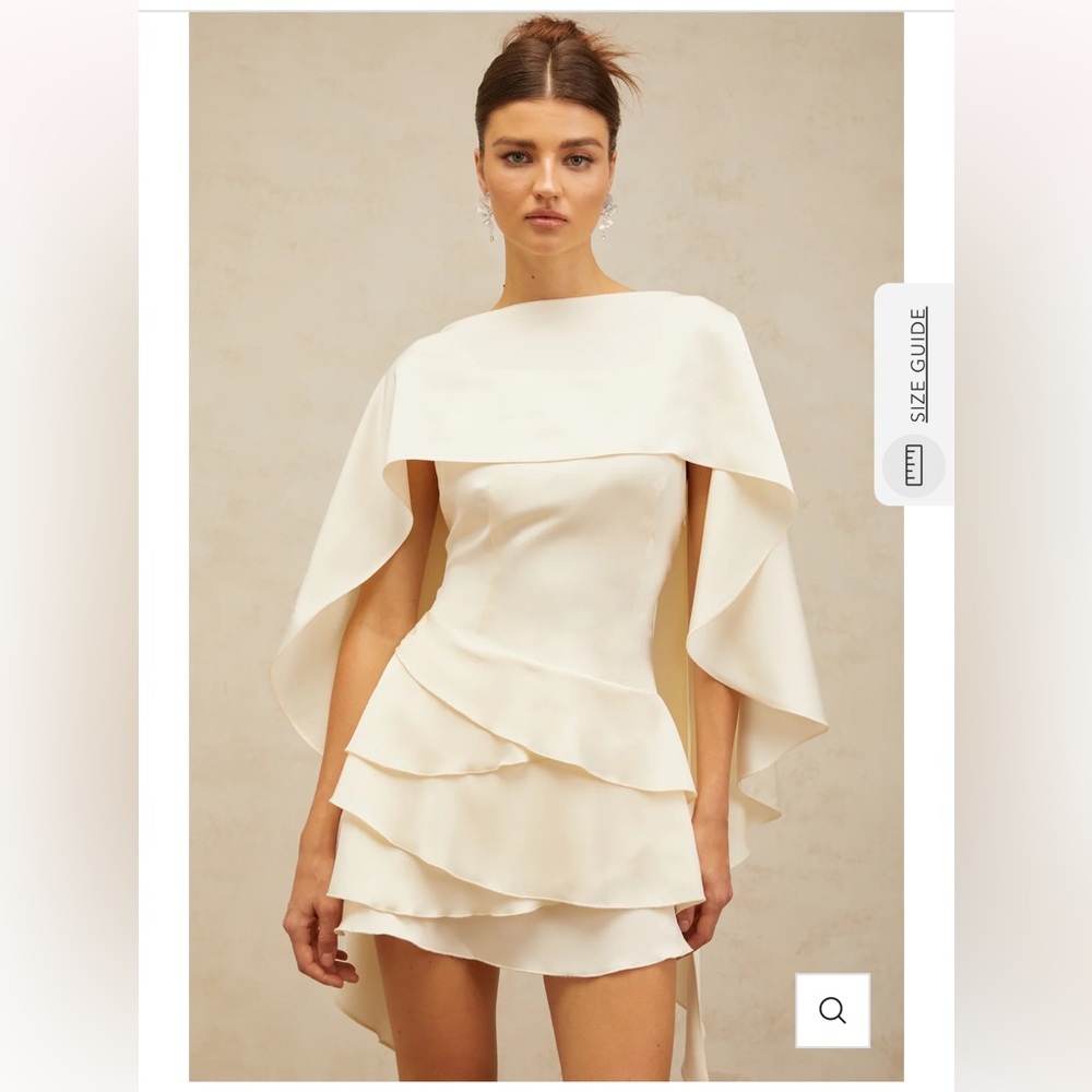 Miss Rosier Lyna White Satin Ruffled mine dress with Shawl Panel Detail